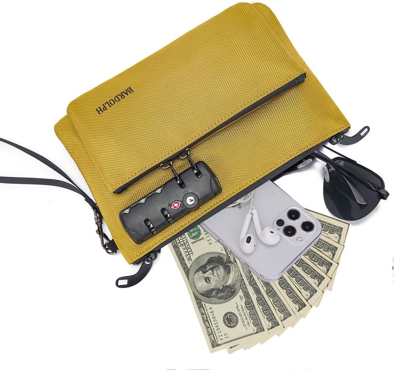 BARDOLPH Money Bag with Lock, Double layer Men & Women's Locking Accessories Pouch, BankBag,CashBag with Lock and Zipper NotaryBag with Lock (Yellow) - Image 2